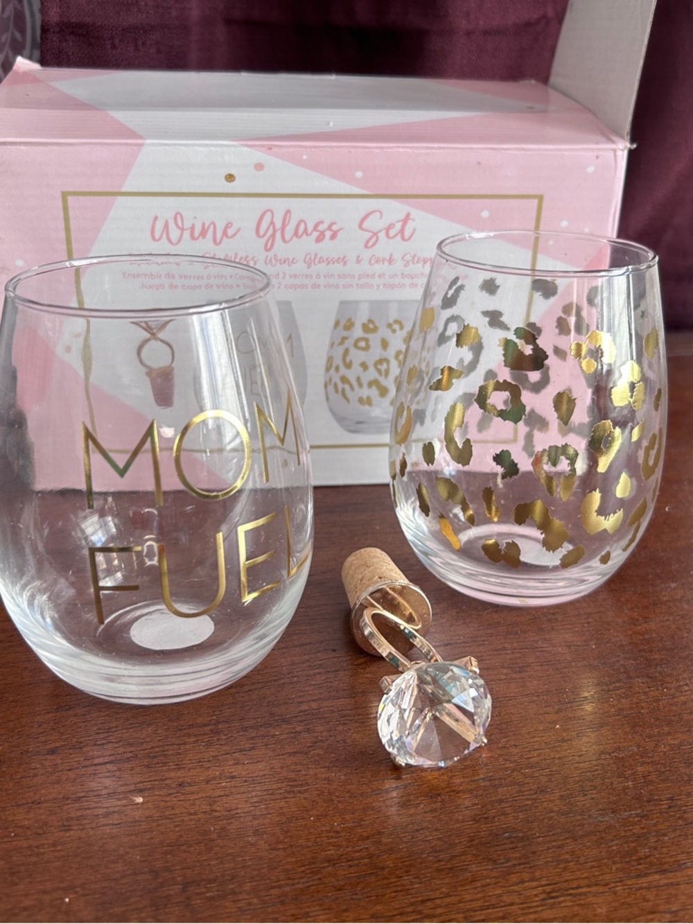 Mom Fuel Stemless Wine Glass Set – Gold Accent + Cork Stopper 💕✨